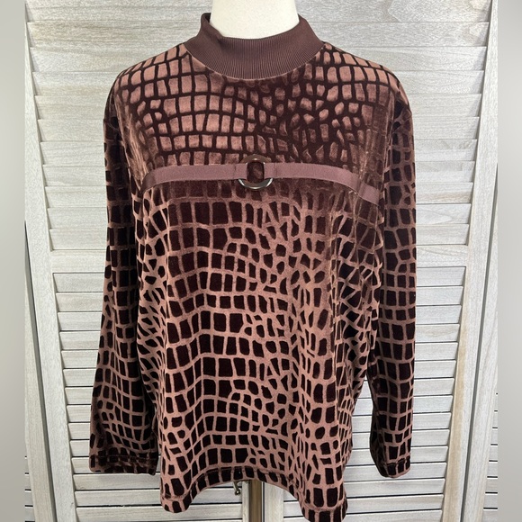 ADOLFO (Sport) Vintage 80's Velour Mock Neck Long Sleeve Top Brown-Medium - Picture 1 of 2